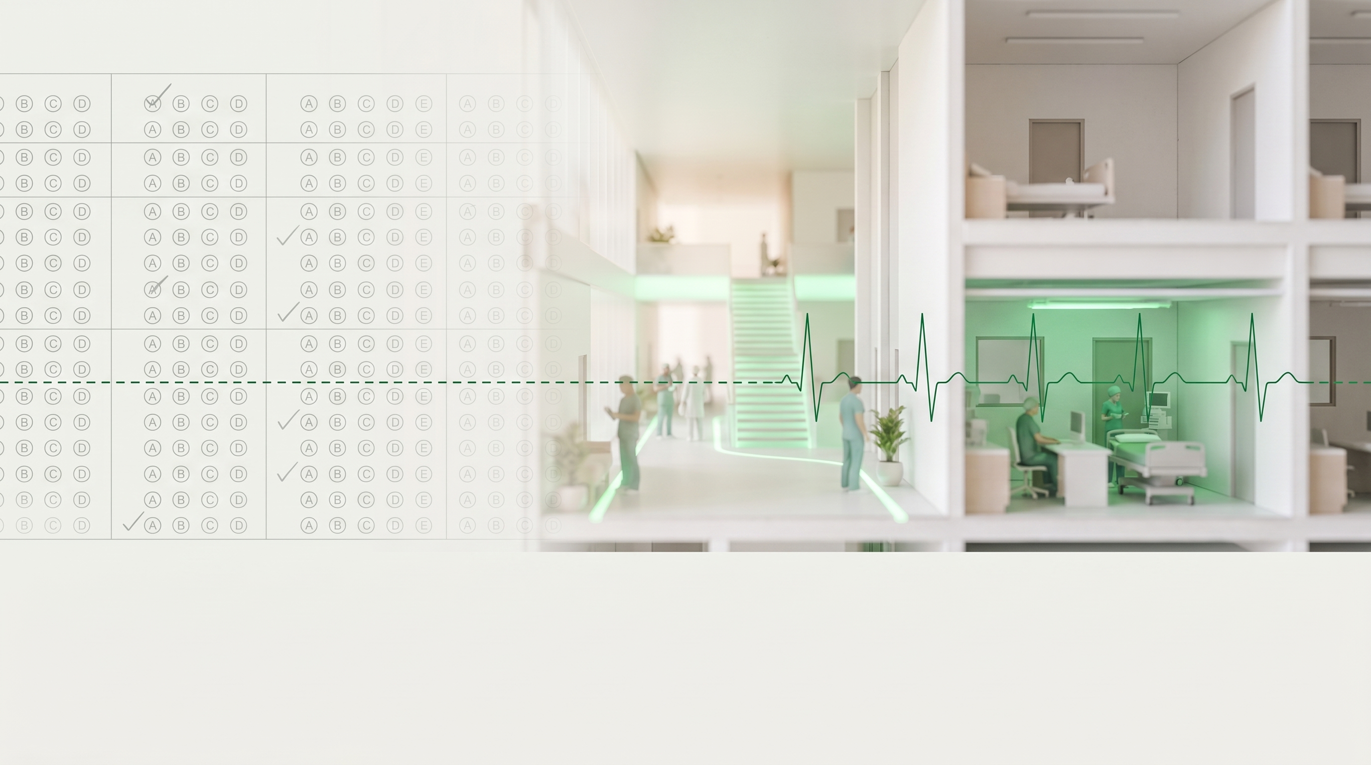 An exam grid dissolving into a living hospital ward